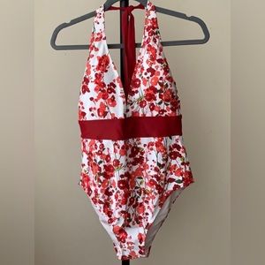 Adore Me Red and White Floral Swimsuit One Piece Size L